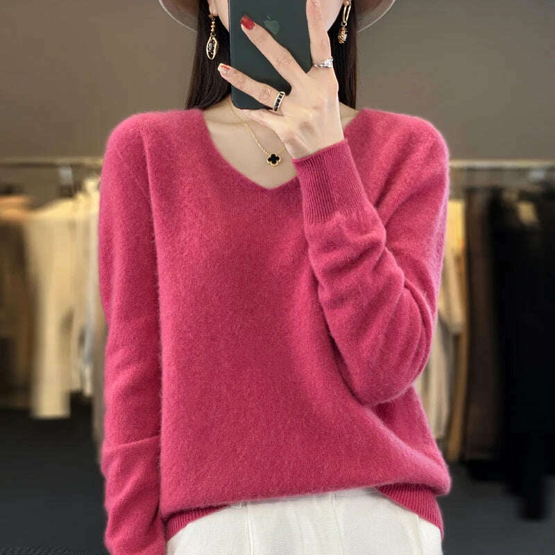 100% pure wool 2024 autumn and winter new cashmere sweater women's V-neck pullover fashion solid color long sleeve pullover - KIMLUD