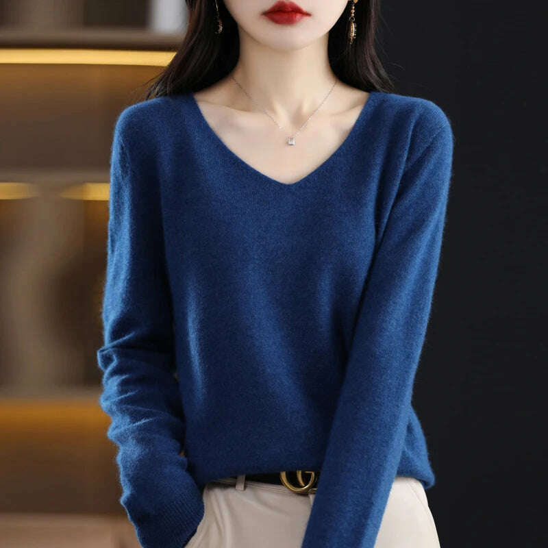 100% pure wool 2024 autumn and winter new cashmere sweater women's V-neck pullover fashion solid color long sleeve pullover - KIMLUD
