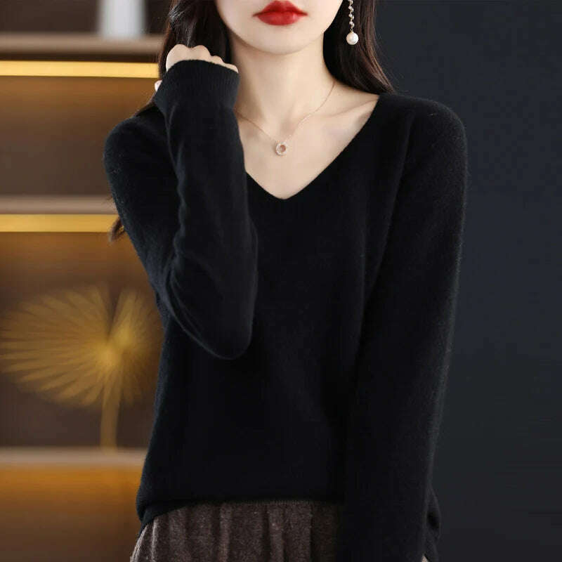 100% pure wool 2024 autumn and winter new cashmere sweater women's V-neck pullover fashion solid color long sleeve pullover - KIMLUD