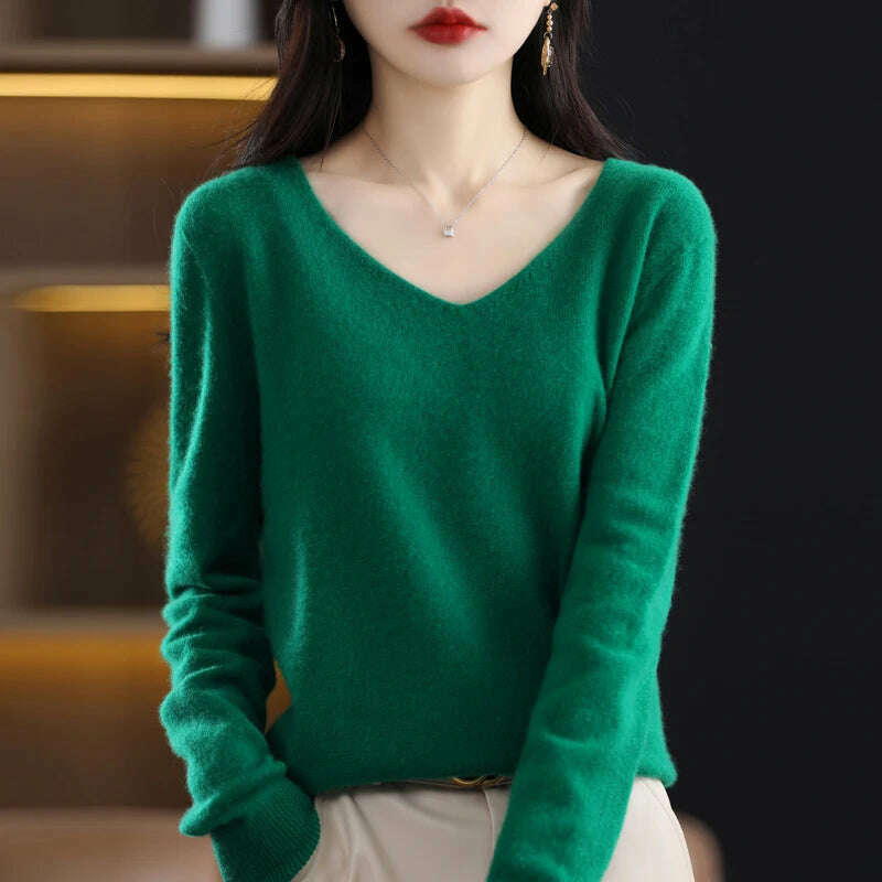 100% pure wool 2024 autumn and winter new cashmere sweater women's V-neck pullover fashion solid color long sleeve pullover - KIMLUD