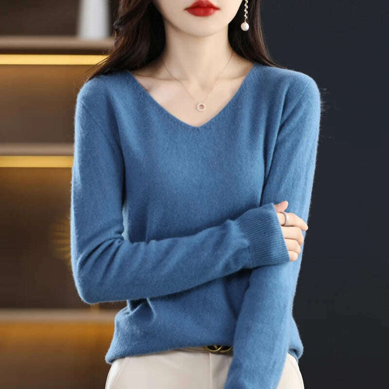 100% pure wool 2024 autumn and winter new cashmere sweater women's V-neck pullover fashion solid color long sleeve pullover - KIMLUD