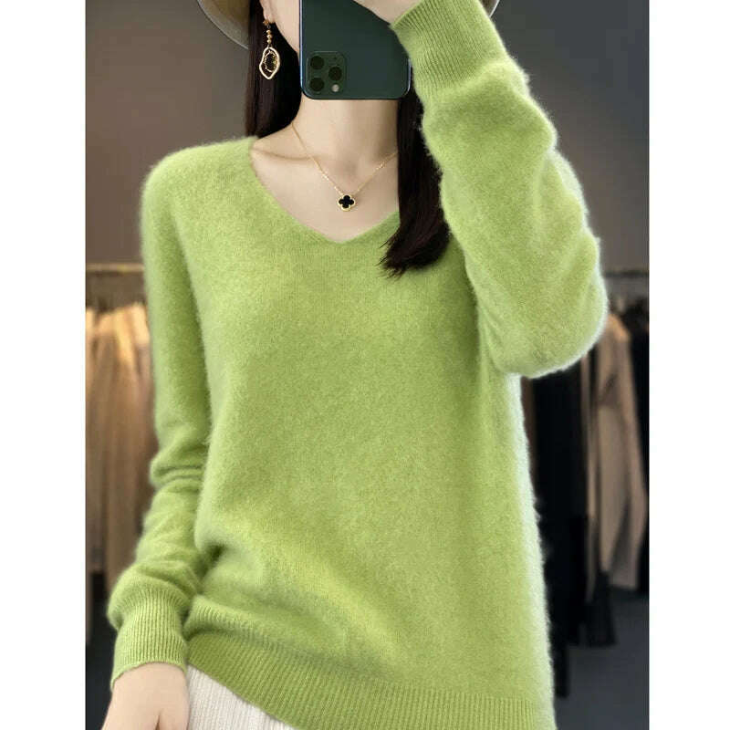 100% pure wool 2024 autumn and winter new cashmere sweater women's V-neck pullover fashion solid color long sleeve pullover - KIMLUD