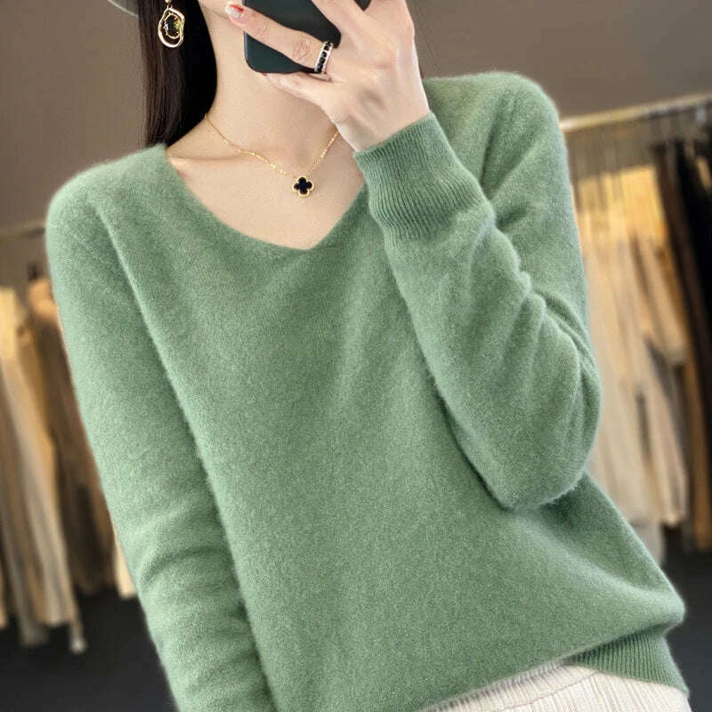 100% pure wool 2024 autumn and winter new cashmere sweater women's V-neck pullover fashion solid color long sleeve pullover - KIMLUD