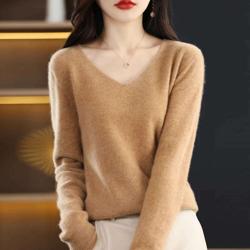 100% pure wool 2024 autumn and winter new cashmere sweater women's V-neck pullover fashion solid color long sleeve pullover - KIMLUD