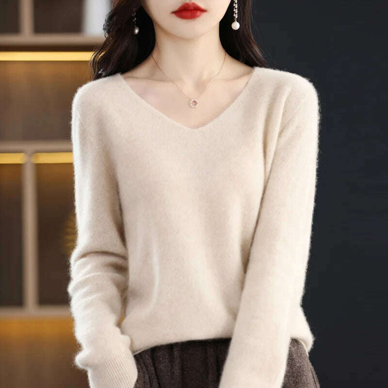100% pure wool 2024 autumn and winter new cashmere sweater women's V-neck pullover fashion solid color long sleeve pullover - KIMLUD