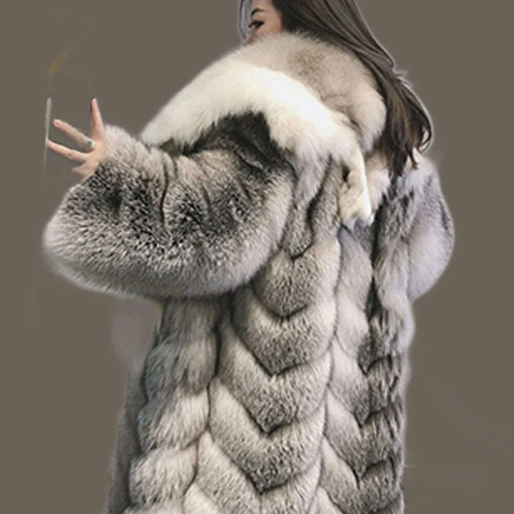 KIMLUD, 110cm Length Natural Fur Coat Genuine Fox Fur Diagonal Stripes Coats With Laper Collar 2023 Winter Fashion Luxurious Women Coat, KIMLUD Womens Clothes