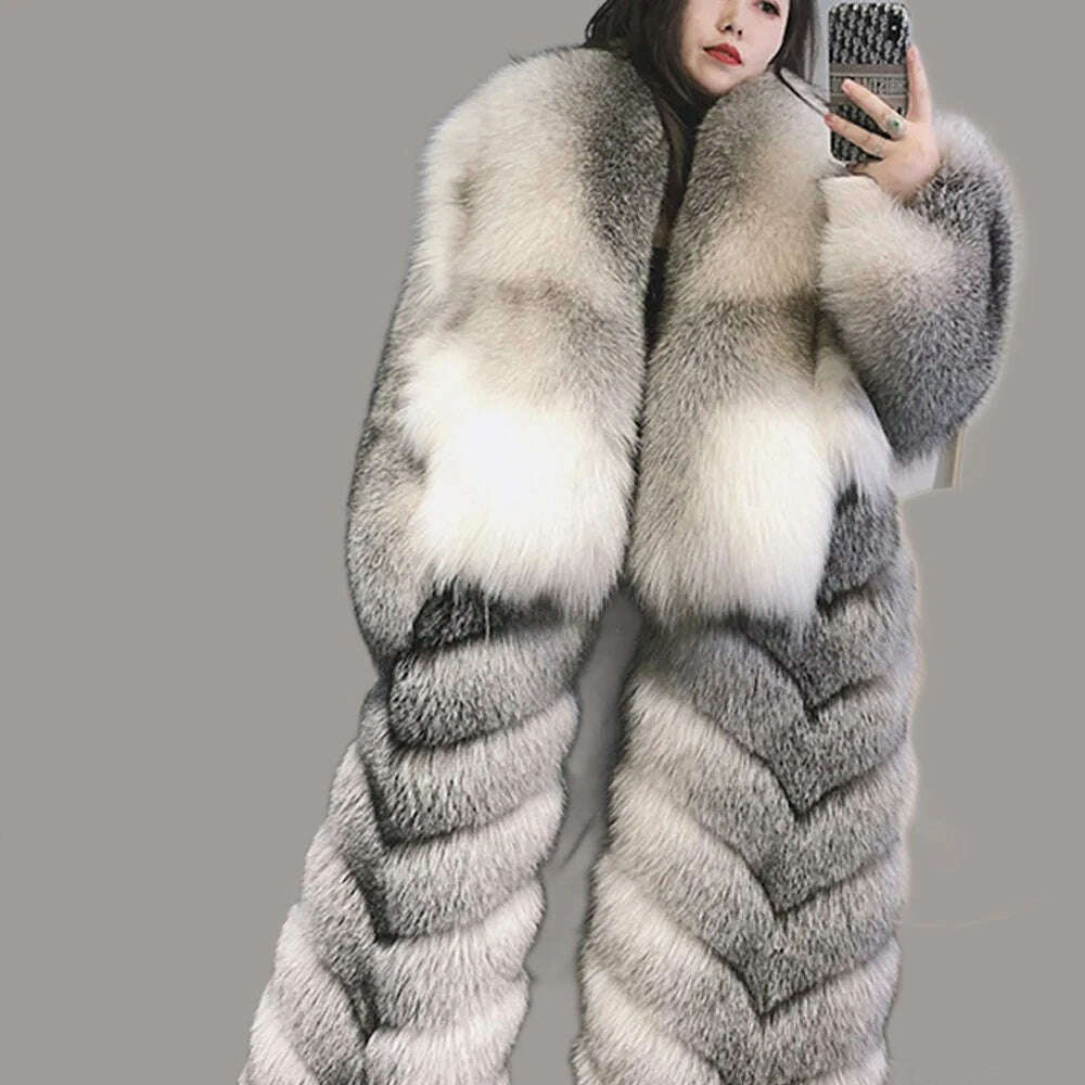 KIMLUD, 110cm Length Natural Fur Coat Genuine Fox Fur Diagonal Stripes Coats With Laper Collar 2023 Winter Fashion Luxurious Women Coat, KIMLUD Womens Clothes