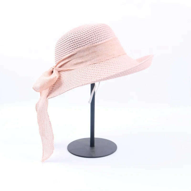 2019 Summer Bow Ribbon Sun Hat Panama Women's Cap Bonnet Beach Straw Hats - KIMLUD