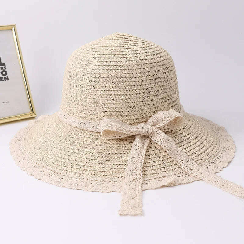 2019 Summer Bow Ribbon Sun Hat Panama Women's Cap Bonnet Beach Straw Hats - KIMLUD