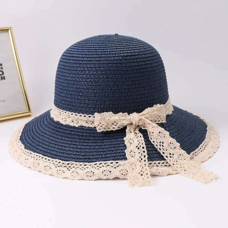 2019 Summer Bow Ribbon Sun Hat Panama Women's Cap Bonnet Beach Straw Hats - KIMLUD
