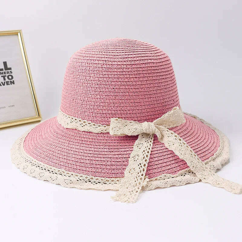 2019 Summer Bow Ribbon Sun Hat Panama Women's Cap Bonnet Beach Straw Hats - KIMLUD