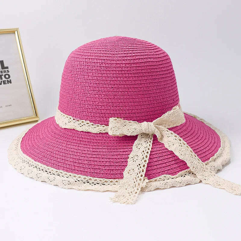 2019 Summer Bow Ribbon Sun Hat Panama Women's Cap Bonnet Beach Straw Hats - KIMLUD