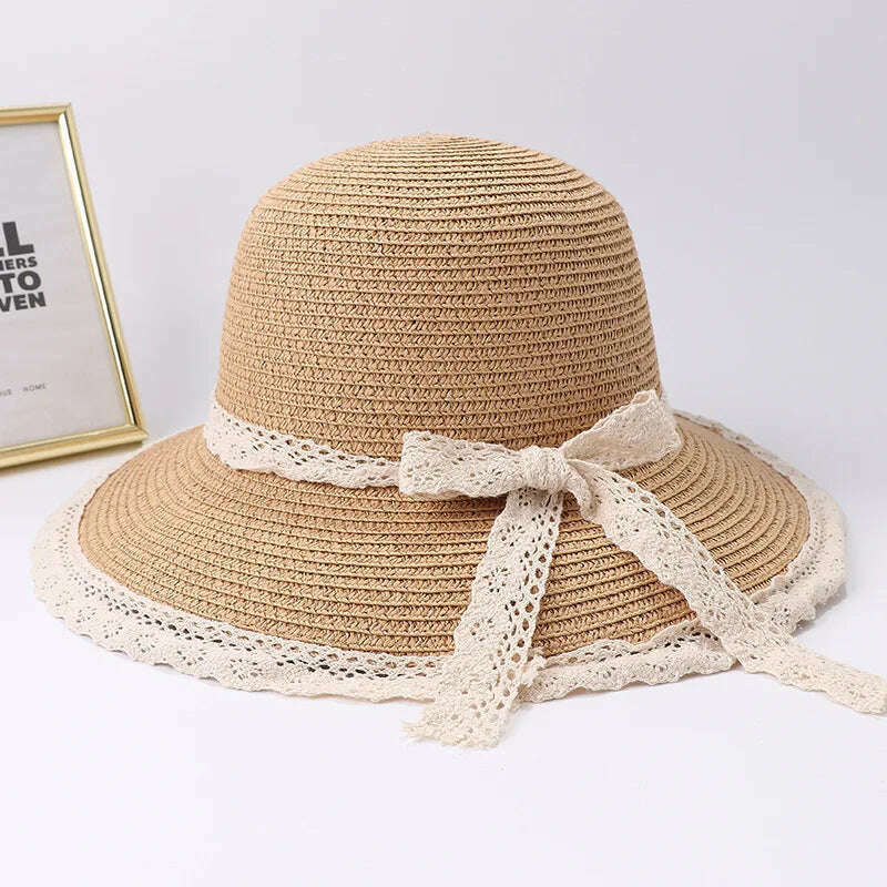 2019 Summer Bow Ribbon Sun Hat Panama Women's Cap Bonnet Beach Straw Hats - KIMLUD