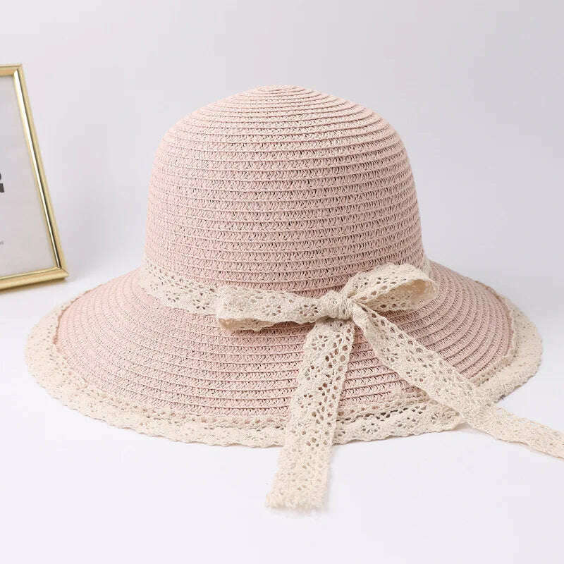 2019 Summer Bow Ribbon Sun Hat Panama Women's Cap Bonnet Beach Straw Hats - KIMLUD