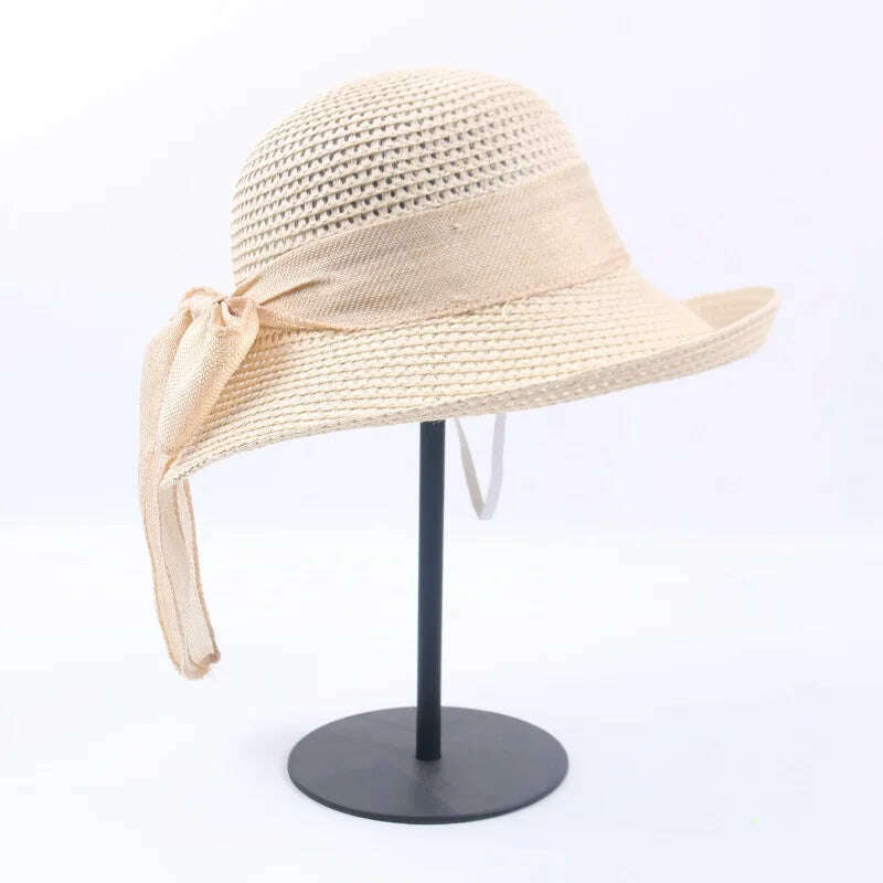 2019 Summer Bow Ribbon Sun Hat Panama Women's Cap Bonnet Beach Straw Hats - KIMLUD