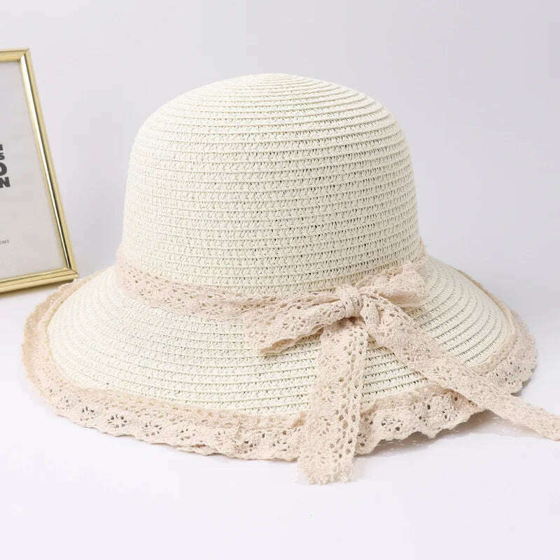 2019 Summer Bow Ribbon Sun Hat Panama Women's Cap Bonnet Beach Straw Hats - KIMLUD