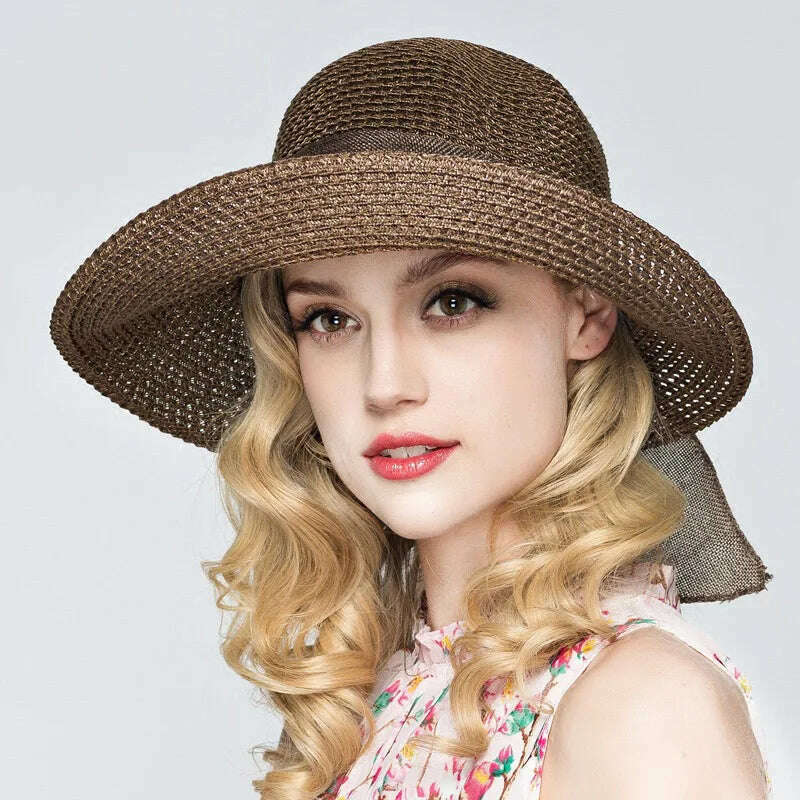 2019 Summer Bow Ribbon Sun Hat Panama Women's Cap Bonnet Beach Straw Hats - KIMLUD