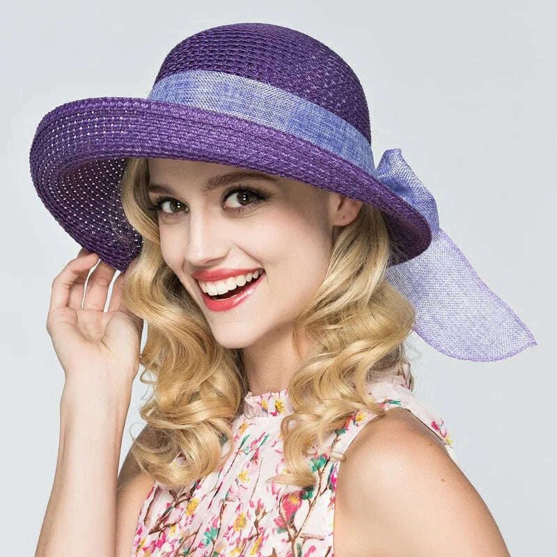 2019 Summer Bow Ribbon Sun Hat Panama Women's Cap Bonnet Beach Straw Hats - KIMLUD
