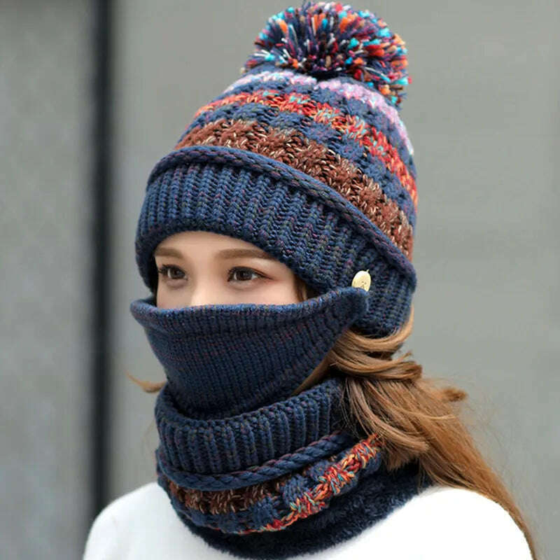 2020 Hat winter women's Mask balaclava Hat for girls Scarf Thick Warm Fleece Inside Knitted Hat Scarf Set 3pcs Winter Hats - KIMLUD