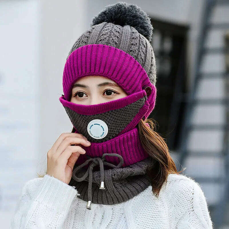 2020 Hat winter women's Mask balaclava Hat for girls Scarf Thick Warm Fleece Inside Knitted Hat Scarf Set 3pcs Winter Hats - KIMLUD