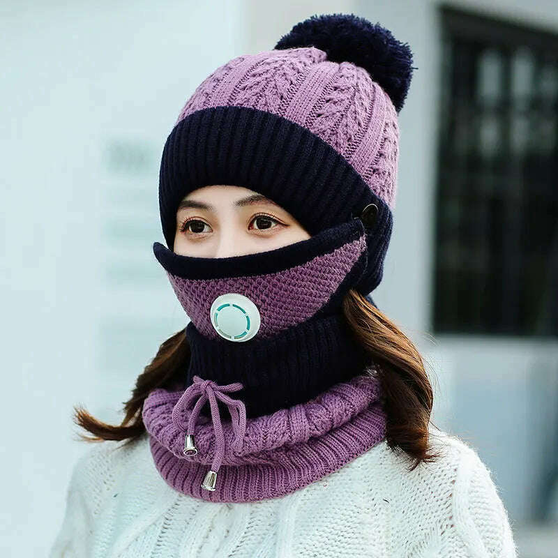 2020 Hat winter women's Mask balaclava Hat for girls Scarf Thick Warm Fleece Inside Knitted Hat Scarf Set 3pcs Winter Hats - KIMLUD