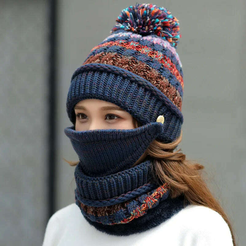 2020 Hat winter women's Mask balaclava Hat for girls Scarf Thick Warm Fleece Inside Knitted Hat Scarf Set 3pcs Winter Hats - KIMLUD