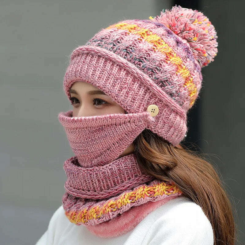 2020 Hat winter women's Mask balaclava Hat for girls Scarf Thick Warm Fleece Inside Knitted Hat Scarf Set 3pcs Winter Hats - KIMLUD