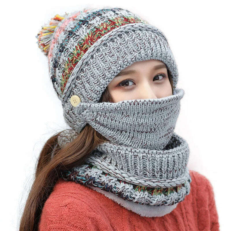 2020 Hat winter women's Mask balaclava Hat for girls Scarf Thick Warm Fleece Inside Knitted Hat Scarf Set 3pcs Winter Hats - KIMLUD
