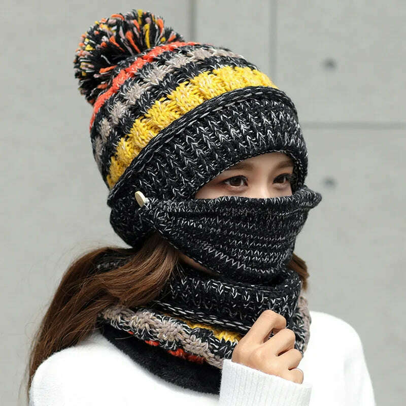 2020 Hat winter women's Mask balaclava Hat for girls Scarf Thick Warm Fleece Inside Knitted Hat Scarf Set 3pcs Winter Hats - KIMLUD