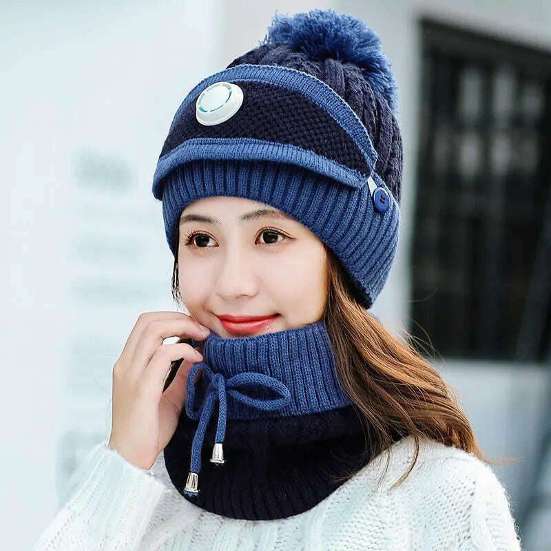2020 Hat winter women's Mask balaclava Hat for girls Scarf Thick Warm Fleece Inside Knitted Hat Scarf Set 3pcs Winter Hats - KIMLUD