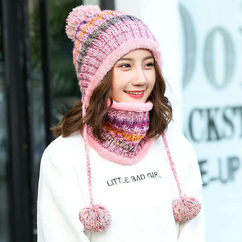 2020 Hat winter women's Mask balaclava Hat for girls Scarf Thick Warm Fleece Inside Knitted Hat Scarf Set 3pcs Winter Hats - KIMLUD