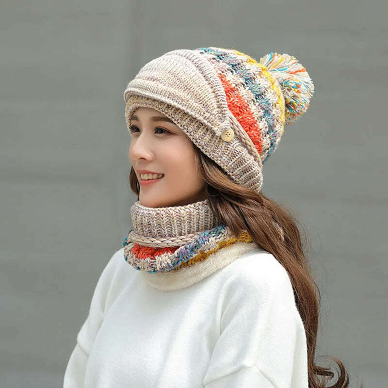 2020 Hat winter women's Mask balaclava Hat for girls Scarf Thick Warm Fleece Inside Knitted Hat Scarf Set 3pcs Winter Hats - KIMLUD