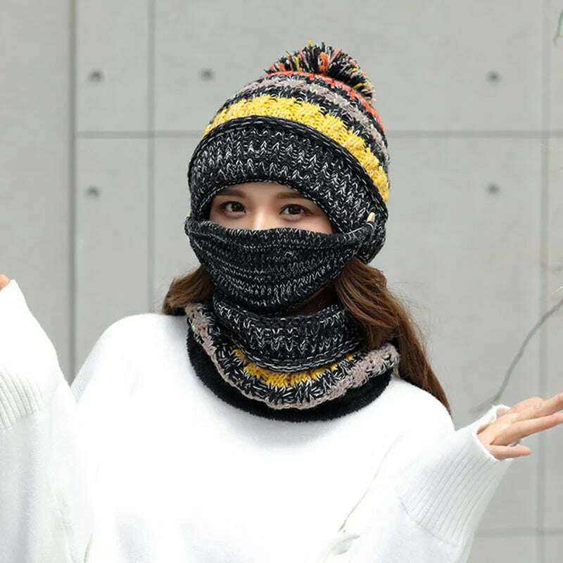 2020 Hat winter women's Mask balaclava Hat for girls Scarf Thick Warm Fleece Inside Knitted Hat Scarf Set 3pcs Winter Hats - KIMLUD