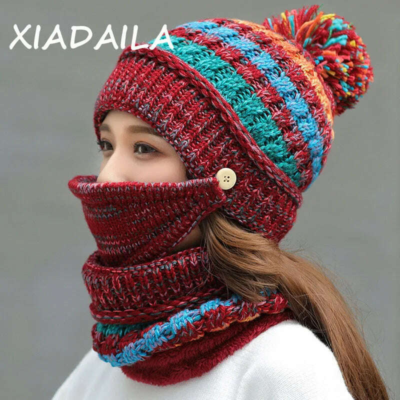 2020 Hat winter women's Mask balaclava Hat for girls Scarf Thick Warm Fleece Inside Knitted Hat Scarf Set 3pcs Winter Hats - KIMLUD