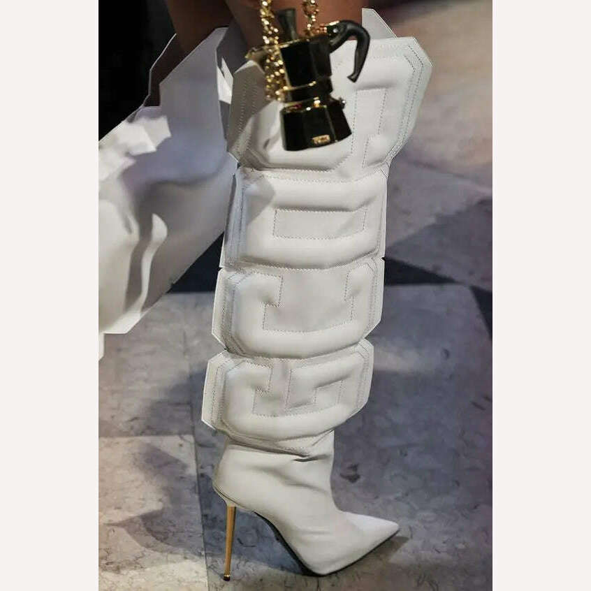 2021 Autumn Women Thigh High Boots Stretch Lycra Ladies Botas Mujer Unique Cube Letter Runway Shoes Iron Heels Botas Altas Mujer - KIMLUD