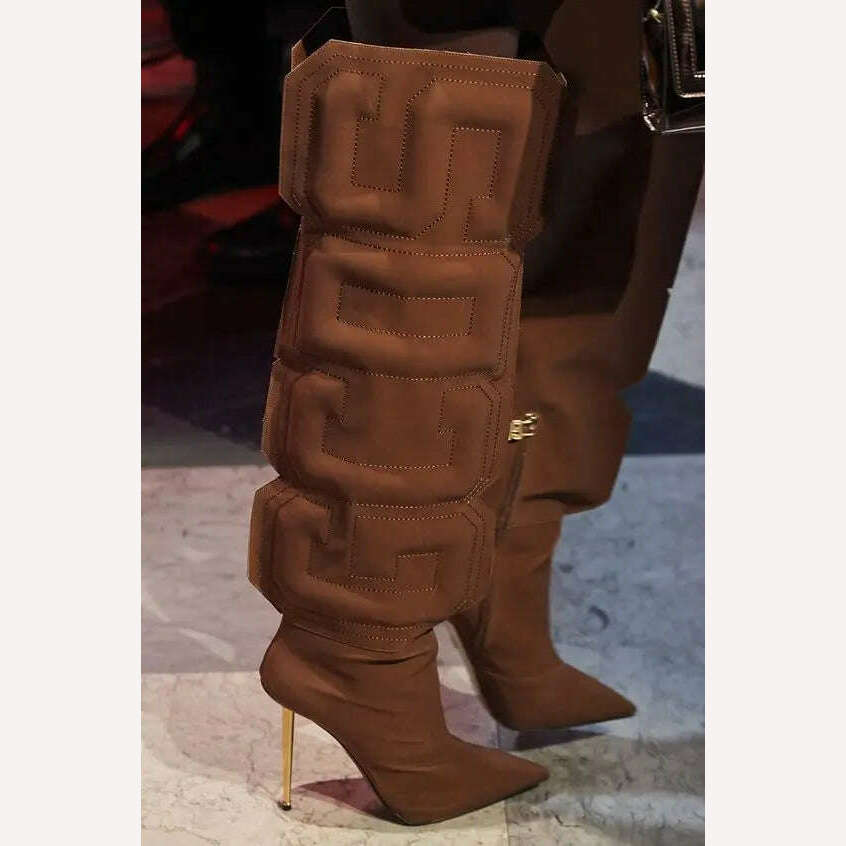 2021 Autumn Women Thigh High Boots Stretch Lycra Ladies Botas Mujer Unique Cube Letter Runway Shoes Iron Heels Botas Altas Mujer - KIMLUD