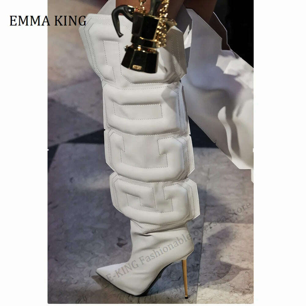 2021 Autumn Women Thigh High Boots Stretch Lycra Ladies Botas Mujer Unique Cube Letter Runway Shoes Iron Heels Botas Altas Mujer - KIMLUD