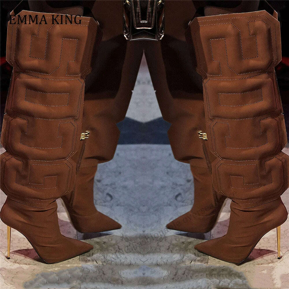2021 Autumn Women Thigh High Boots Stretch Lycra Ladies Botas Mujer Unique Cube Letter Runway Shoes Iron Heels Botas Altas Mujer - KIMLUD