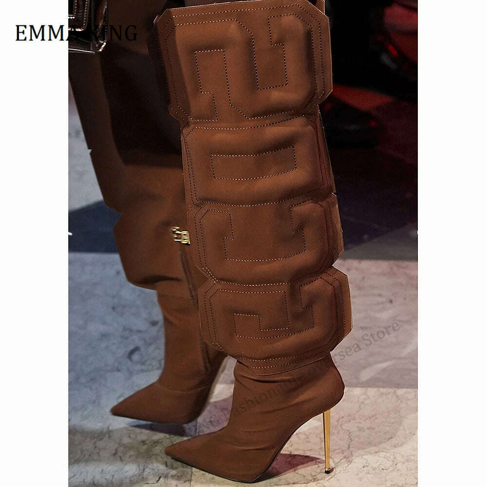 2021 Autumn Women Thigh High Boots Stretch Lycra Ladies Botas Mujer Unique Cube Letter Runway Shoes Iron Heels Botas Altas Mujer - KIMLUD