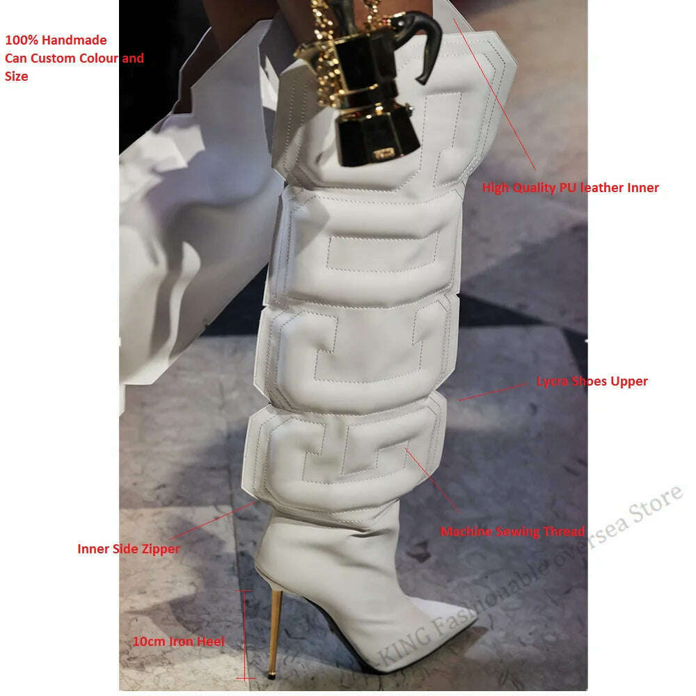 2021 Autumn Women Thigh High Boots Stretch Lycra Ladies Botas Mujer Unique Cube Letter Runway Shoes Iron Heels Botas Altas Mujer - KIMLUD