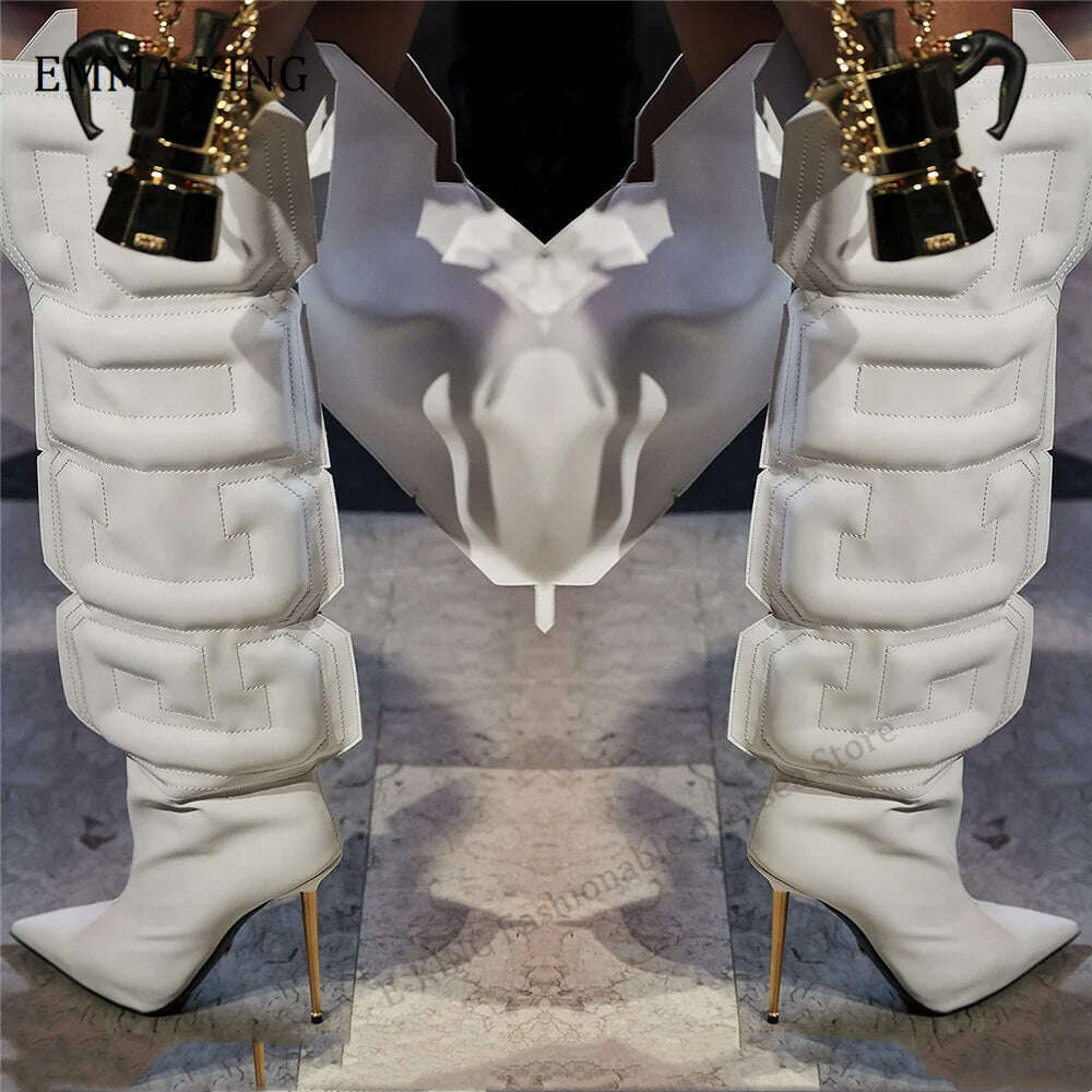 2021 Autumn Women Thigh High Boots Stretch Lycra Ladies Botas Mujer Unique Cube Letter Runway Shoes Iron Heels Botas Altas Mujer - KIMLUD