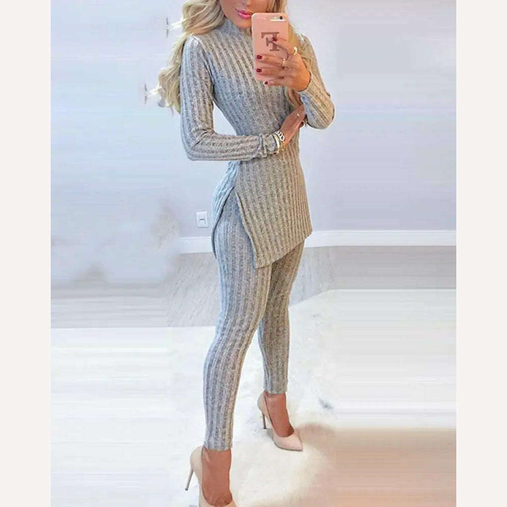 2021 Fall Winter Knitted 2 Piece Suits Women Long Sleeve Ribbed Slit Long Top and High Waist Pencil Pants Set Fashion Outfit - KIMLUD