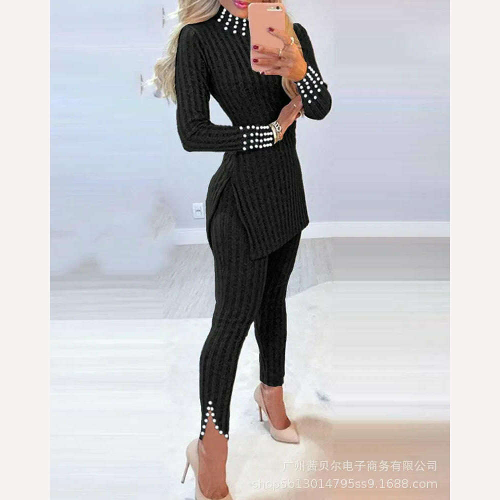 2021 Fall Winter Knitted 2 Piece Suits Women Long Sleeve Ribbed Slit Long Top and High Waist Pencil Pants Set Fashion Outfit - KIMLUD