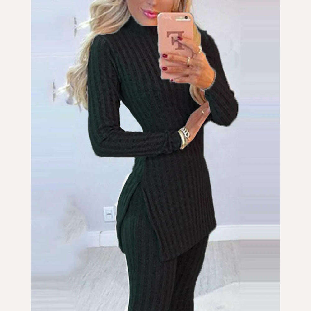 2021 Fall Winter Knitted 2 Piece Suits Women Long Sleeve Ribbed Slit Long Top and High Waist Pencil Pants Set Fashion Outfit - KIMLUD