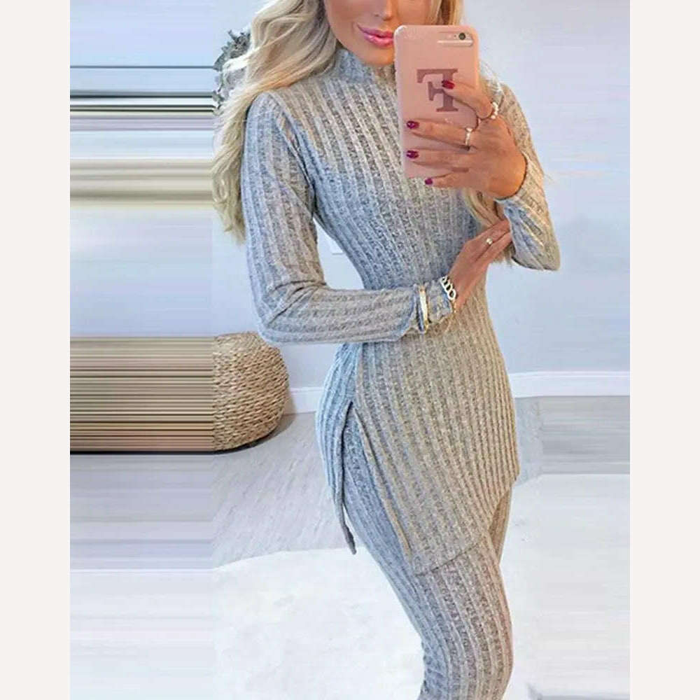 2021 Fall Winter Knitted 2 Piece Suits Women Long Sleeve Ribbed Slit Long Top and High Waist Pencil Pants Set Fashion Outfit - KIMLUD