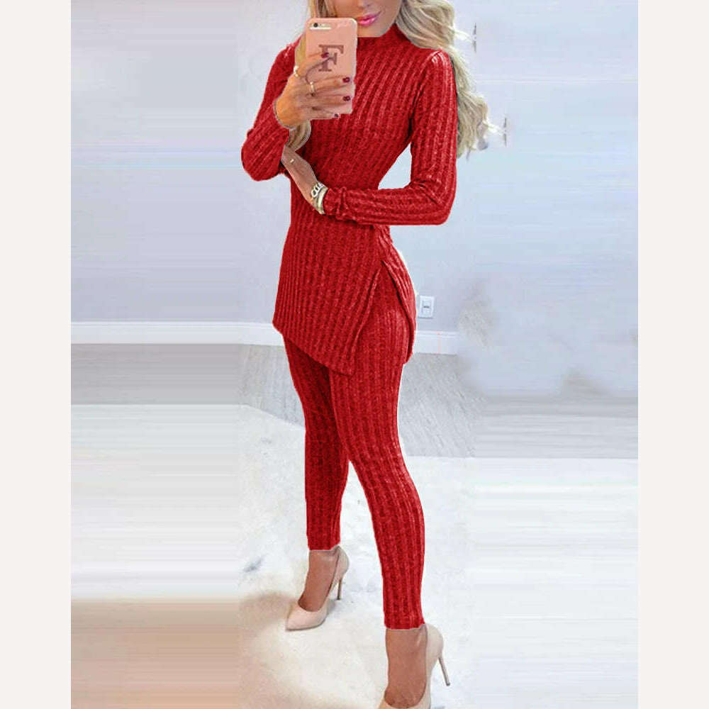 2021 Fall Winter Knitted 2 Piece Suits Women Long Sleeve Ribbed Slit Long Top and High Waist Pencil Pants Set Fashion Outfit - KIMLUD