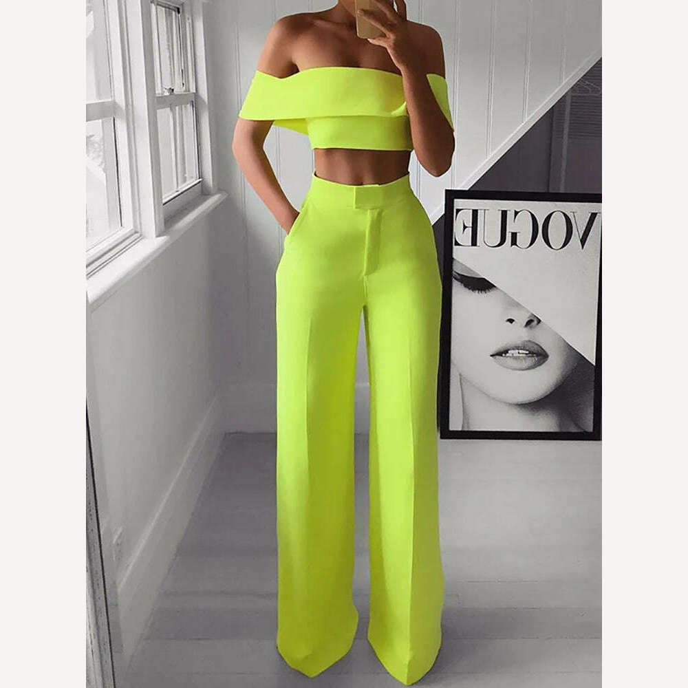 2022 Summer Solid Casual Two Piece Set Women Sexy Short Top Wide Leg Pants Outfits Femme Streetwear Slash Neck Shirt Pant Suit - KIMLUD