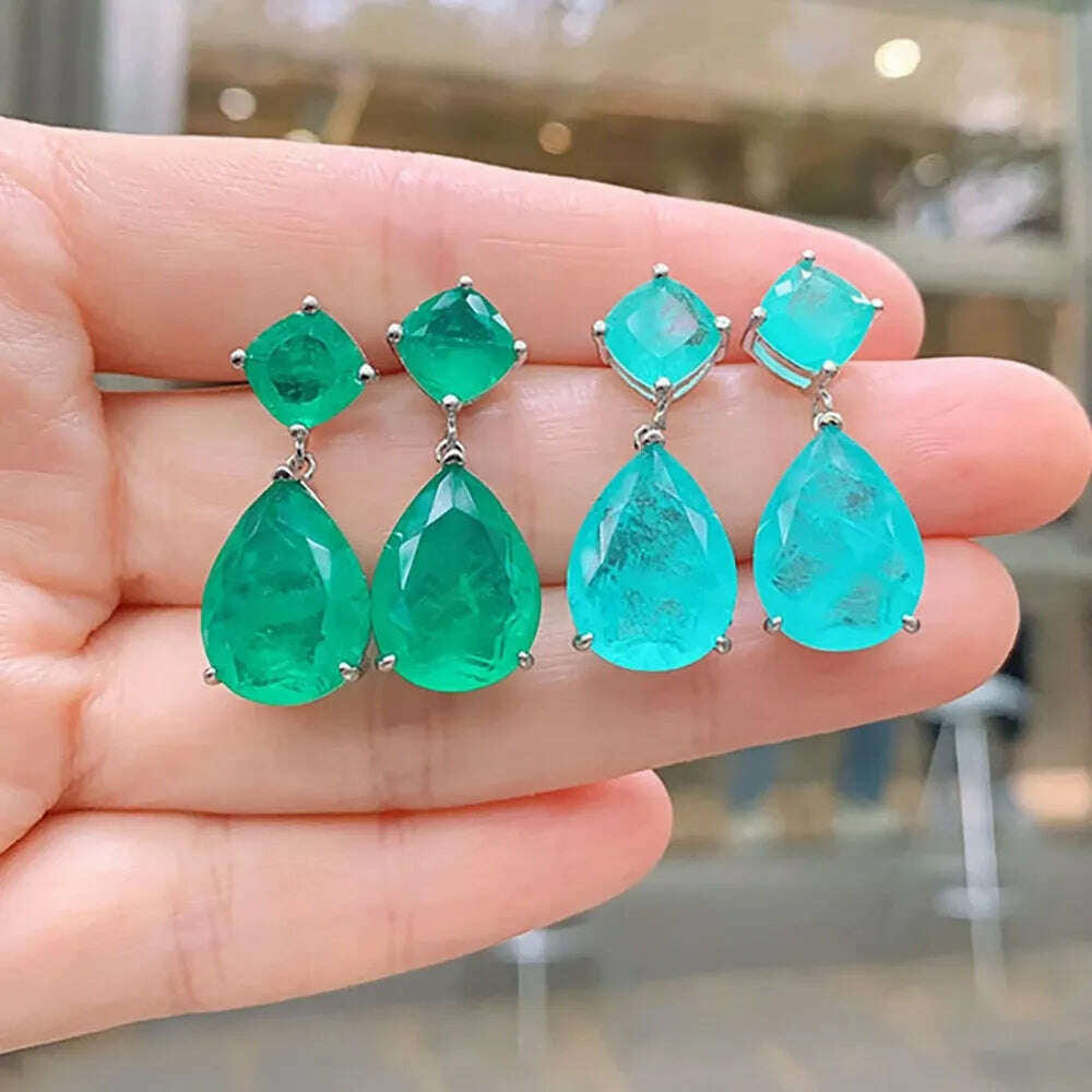 2022 Trend Jewelry Silver Color Emerald Wedding Earrings for Women Simulation Paraiba Tourmaline Drop Earring Party Jewelry Gift - KIMLUD