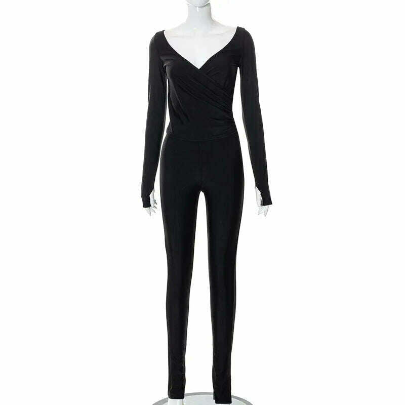 2023 Autumn Sexy V-neck Long Sleeve Tops High Waist Long Pants Two Piece Set for Women Elegant Party Night Club Suit Streetwear - KIMLUD