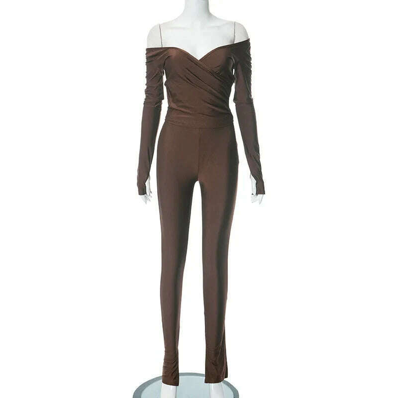 2023 Autumn Sexy V-neck Long Sleeve Tops High Waist Long Pants Two Piece Set for Women Elegant Party Night Club Suit Streetwear - KIMLUD